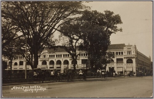 Figure 1. Adelphi Hotel, Singapore, in the mid-1920s. Miriam and Ira D. Wallach Division of Art, Prints and Photographs. Pacific Pursuits: Postcards, The New York Public Library Digital Collections. Gelatin silver print.