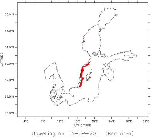 Figure 8. Sample map of places with an occurrence of upwelling on 18th August 2015 produced by the Upwelling Detection System.