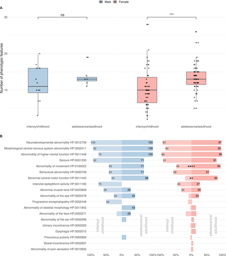 Figure 3. Subgroup analysis of the phenotypic spectrum of WDR45-related NDD. A total of 19 males (ninfancy/childhood = 12, nadolescence/adulthood = 7) and 118 females (ninfancy/childhood = 55, nadolescence/adulthood = 63) were examined. (A) Number of phenotypic features per individual with respect to 63 non-redundant Human Phenotype Ontology terms. Statistic testing was done using the Mann-Whitney U test. P values were adjusted for multiple hypothesis testing using the Benjamini-Hochberg procedure. ns = not significant. (B) Frequencies of Human Phenotype Ontology ancestor terms derived phenotypic features. Frequencies greater than 20% were printed on the respective bars. Statistical testing was done using Pearson’s Chi-squared test or Fisher’s exact test (in case of less than 5 counts per subgroups). P values were adjusted for multiple hypothesis testing using the Benjamini-Hochberg procedure.