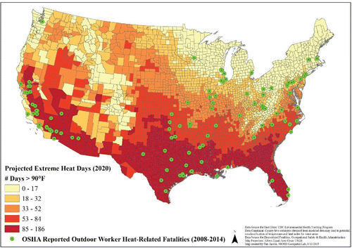 Figure 1. Individual outdoor heat-related fatalities 2008–2014 on projection of number of days above 90°F in 2020.