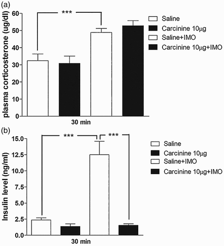 Figure 5. Effect of carcinine administered i.t. on plasma corticosterone and plasma insulin levels in the IMO model. Mice were pretreated i.t. with 10 µg of cetirizine for 10 min. Then, the mice were enforced into IMO for 30 min and returned to the cage. Plasma corticosterone and insulin levels were also measured at 30 min after IMO in carcinine i.t. pretreated mice (Figure 5(a) and 5(b), respectively). The blood was collected from tail-vein. The vertical bars indicate the standard error of the mean (***P < .005; compared to saline + IMO group). The number of animal used for each group was 8.