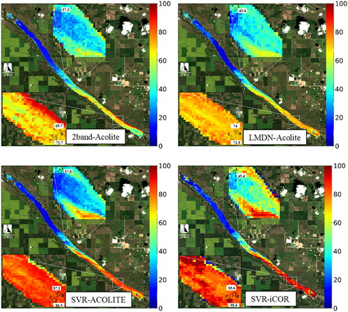 Figure 5. Chla maps for BPL derived from different retrieval algorithms/AC processors couples applied on MSI-A image acquired on July 16, 2020. The markers in the insets represent examples of the location of in situ data, collected on the same date, and employed as unseen test data. The color bars and associated numbers beside the markers show estimated Chla concentration in mg m−3. In situ Chla concentration in points A, B, and C are 41.2, 66.2, and 102.8 mg m−3, respectively. 2band was used as the best representative of empirical models.