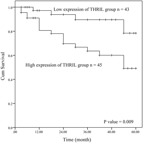 Figure 4 The K-M curve estimated the prognostic value of THRIL.