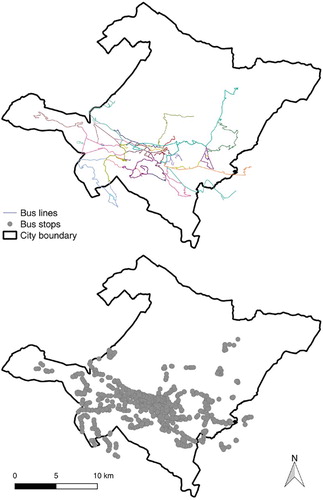 Figure 3. The geo-referenced bus stops and bus lines of L’Aquila. Source: authors' elaboration