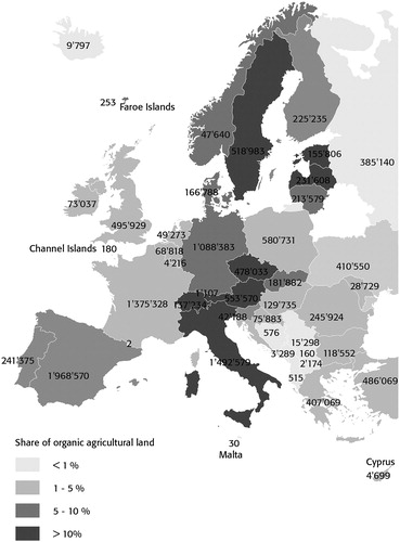 Figure 6. Organic agricultural land share in Europe. (Source: http://www.organic-world.net/yearbook/yearbook-2017/infographics.html.