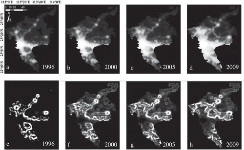 Figure 3. Deriving the topographic maps using the neighborhood statistics analysis method. Figure ‘a’–‘d’ shows the original DMSP/OLS imageries of the city of Guangzhou in 1996, 2000, 2005, and 2009, respectively; Figure ‘e’–‘h’ shows the corresponding topographic maps.
