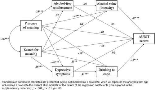Figure 1. Direct and indirect relationships between meaning in life, alcohol consumption, alcohol-free reinforcement, alcohol value, depressive symptoms, and drinking to cope.