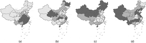 Figure 4. The contagion-hierarchical diffusion China space-time RE terms; lighter gray denotes relatively small values. Left (a): SSRE (MC = 0.757; R2 = 0.518). Left middle (b): SURE (MC = −0.004). Right middle (c): SSREESTF (MC = 0.640; R2 = 0.607). Right (d): SUREESTF (MC = −0.048)