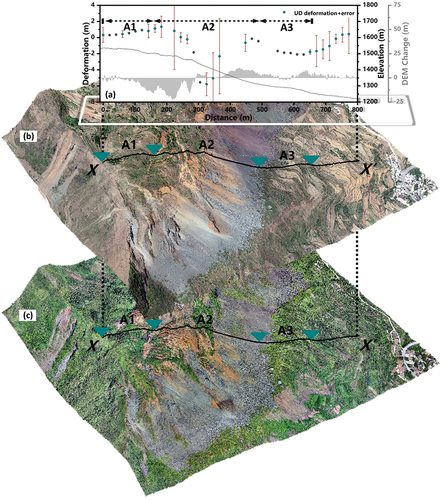 Figure 11. The analysis of vertical deformation and height changes. (a) the UD deformation with topography and DEM change between April 2019 and August 2020. (b) and (c) the UAV 3-D real scene model acquired in April 2019 and August 2020, respectively. The location of profile X-X’ is also superimposed on (b) and (c).