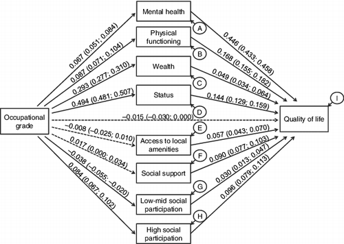 Figure 3. Standardized path coefficients from the FIML estimation path model for 11,293 participants in the GAZEL cohort.