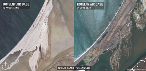 Figure 14: The Growth of Kotelny’s Temp Air Base Between 2014 and 2020Source: Maxar Technologies and authors'