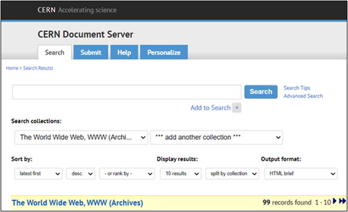 Figure 2. CERN Document Server website showing the World Wide Web, WWW (archives) in the collections research bar (last visit: 17 April 2023).