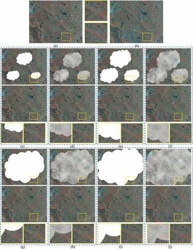 Figure 13. Experimental data with different cloud coverage. (a) Original cloud-free image. (b) Reference image. (c)-(j) Simulated images and cloud removal results of the proposed method on different cloud coverage. The percentages of cloud coverage in (c)-(j) are, respectively, 19.64%, 30.13%, 40.05%, 50.24%, 59.79%, 70.14%, 79.75%, 90.26%. (c), (e), (g) and (i) are simulated with thick clouds, and (d), (f), (h) and (j) are simulated with thin clouds.