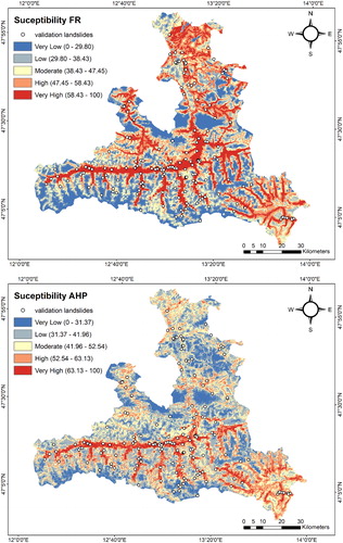 Figure 4. Landslide susceptibility maps derived using the per-pixel weighting approaches of FR and AHP.