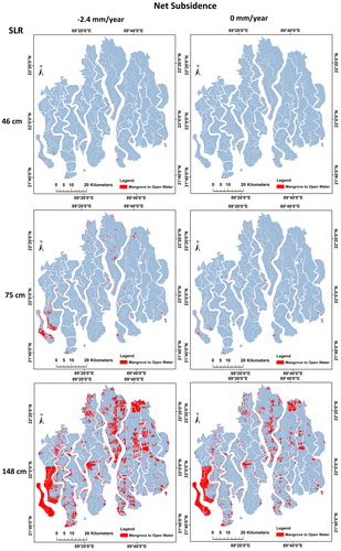 Figure 5. Image showing potential inundation of mangrove areas by the end of the 21st century under three different SLR scenarios and two subsidence levels in the Bangladesh Sundarbans. Source: Author.