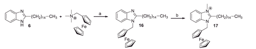 Scheme 3. Reagents and conditions: (a) CH3CN/THF, K2CO3, N2, r.t., 18 h; (b) CH3I, dry Et2O, 40 °C, 80 h.