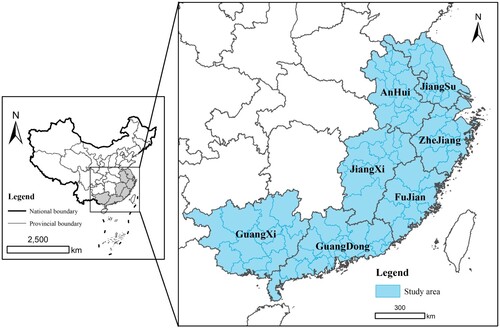 Figure 2. Cartographic representation of southeastern China. Blue regions represent the study area of this work.