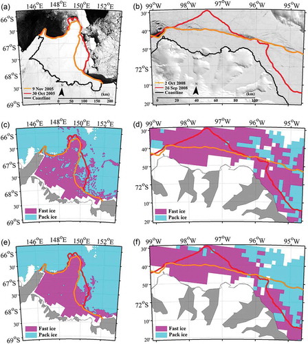 Figure 4. Comparison of fast ice mapping results by model with the 250-m MODIS images during the periods of rapidly changing fast ice around (a) Mertz and (b) Abbot Ice Shelf in the East and West Antarctica, respectively. The lines in (a) and (b) indicate fast ice edges delineated from the MODIS images based on visual interpretation. Decision tree results are shown in (c) and (d), while random forest results are in (e) and (f). MODIS images with the maximum fast ice cover were used as background images in (a) and (b).