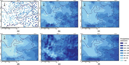 Figure 2. Annual precipitation in 2010 (a) Rain gauge data, (b) Spatial-continuous rain gauge data based on the IDW interpolation method, (c) AERA5-Asia, (d) AIMERG, (e) ERA5-land, and (f) IMERG-Final over the YKP.