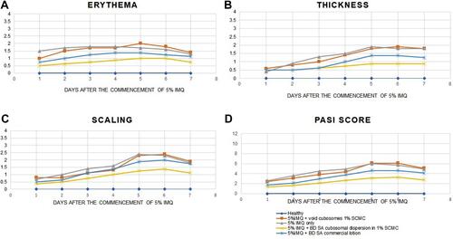 Figure 8 Graphical representation of the progression of (A) erythema, (B) thickness, (C) scaling, (D) cumulative PASI score in all groups over the 7 days of the experimental model.