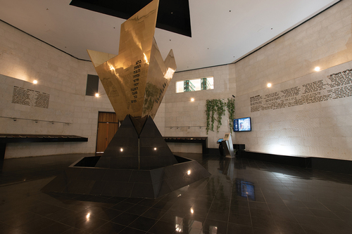 Figure 11. Yad-Labanim Haifa: memorial hall with the library’s window on the second floor; photo: author, 2022.