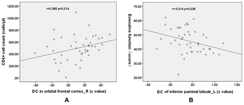Figure 2 Pearson correlation between DC values and clinical variables and cognitive metrics in HIV+/cART+.Notes: The mean z value of DC in the right orbital-frontal cortex was positively correlated to the CD4+ cell counts (r = 0.366, P = 0.014) (A). The mean z value of DC in the left inferior parietal lobe was negatively correlated to the executive function score (r = −0.314, P = 0.038) (B).