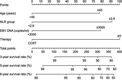 Figure 3 A nomogram predicts the overall survival (OS) of patients with NPC. This nomogram was based on age, the NLR (neutrophil–lymphocyte ratio), EBV (Epstein–Barr virus) DNA concentration and therapy regimen. The total score of each patient was the sum of the points identified at the top of the scale for each factor and was then identified on the total points scale to determine the probability of 3-year, 5-year, and 6-year OS.