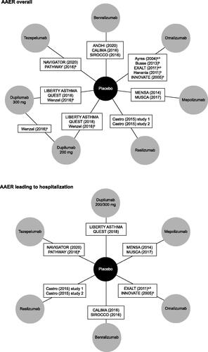 Figure 2. Network diagram for primary NMAs of AAER overall and AAER leading to hospitalization/emergency room visit. aThese studies were excluded from the sensitivity analysis that restricted inclusion to blinded and placebo-controlled trials. bThese studies were excluded from the sensitivity analysis that restricted inclusion to phase 3 and 4 studies. In this sensitivity analysis, studies were excluded if they were not phase 3 or 4 studies, or if their source article did not report the study phase. Castro et al.Citation8 reported data for two different studies (NCT01287039 and NCT01285323), so contributes two treatment arms. LIBERTY ASTHMA QUEST reported data for two different treatment arms, based on dupilumab dose. Abbreviations: AAER, annualized asthma exacerbation rate; NMA, network meta-analysis.