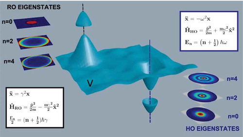 Figure 2. Pictorial representation of an energy landscape. When the system is in the proximity of a local maximum it obeys the RHO Hamiltonian, in figure HˆRO. In the proximity of the minimum the system obeys the Hamiltonian of a harmonic oscillator, in figure HˆHO. The two Hamiltonians are explicitly written in the two the corresponding text boxes, with the related dynamical systems and the discrete eingenvalues. Insets show the transverse profiles of the respective eigenfunctions, bounded on right-hand side for the harmonic oscillator, unbounded on the left-hand side for the RHO.Reprinted by permission from Macmillan Publishers Ltd. from [Citation38]. Copyright 2015.