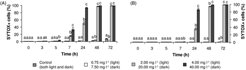 Fig. 3. Cell membrane integrity of M. aeruginosa exposed to hydrogen peroxide in (A) the light and (B) the dark. Results are expressed as the percentage (mean ± SD) of SYTOX+ cells detected by flow cytometry. Statistical significances (P < 0.05) are indicated using different letters.