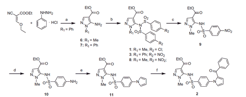 Scheme 1. Synthesis of the final compounds 1–3. (a) TEA, reflux, 7 h. (b) 4-Cl- or 4-NO2-C6H4SO2Cl, pyridine, 60 °C, overnight. (c) LiOH, 50 °C, 15 min. (d) SnCl2, 80 °C, 3 h. (e) 2,5-(OMe)2-THF, 100 °C, 1 h. (f) benzoyl chloride, AlCl3, closed vessel, 110 °C, 70 W, 4 min.
