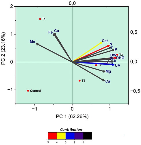 Figure 6. Biplot of principal component analysis (PCA) conducted with parameters examined in the study related to vermicompost treatments. Glu: β-glucosidase, T: Temperature, Cat: Catalase, DHG: Dehydrogenase, UA: Urease, DW: Dry Weight.