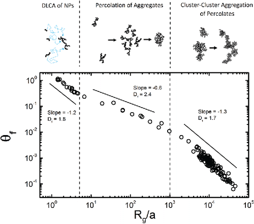 Figure 7. Generalized picture of the scale dependence of θf for soot aggregates. With Rg/a increasing from 1 to 5 × 104, three successive growth regimes were identified, namely, diffusion-limited cluster-cluster aggregation (DLCA) of nanoparticles (NPs; also referred to as monomers), percolation of aggregates, and cluster-cluster aggregation of percolates. These growth mechanisms are sketched on top of the figure with their corresponding cross-over points at Rg/a = 5 and 103. Note that these cross-over Rg/a could be highly system dependent. Blacklines with slopes = −1.2, −0.4, and −1.3 serve as guide to eyes.