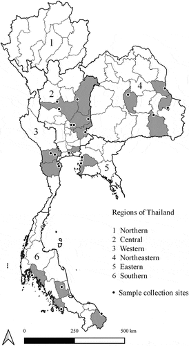 Figure 1. Location of collection sites of long-tailed macaques in Thailand. The map was created using QGIS version 3.8.3-Zanzibar, a free and open source geographic information system.