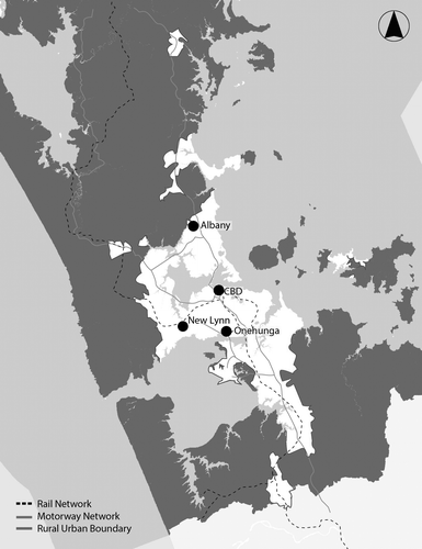 Figure 1. Location of the three case study areas in relation the CBD in Auckland.
