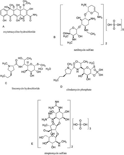 Figure 4.  Structures of the oxytetracycline hydrochloride, netilmycin sulfate, lincomycin hydrochloride, clindamycin phosphate, and streptomycin sulfate, respectively.