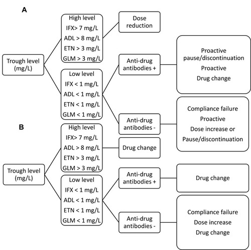 Figure 1 Therapeutic TDM algorithms used to support clinical decisions based on the measurement of drug and ADA concentrations. (A) TDM algorithm for patients with good clinical response (proactive TDM) (B) TDM algorithm for non-responding patients (reactive TDM).