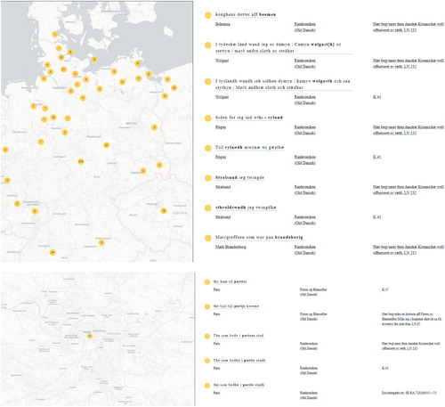 Figure 2. Data clustering in the Norse World interactive map including a close-up of the Paris area © 2019 Norse World, © Leaflet, © OpenStreetMap, © CartoDB. The figures in the map represent aggregations of attestation frequencies, i.e. how often clusters of spatial references or individual spatial references (e.g. Paris) are attested in the East Norse corpus.