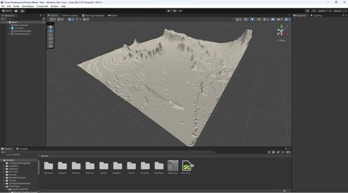 Figure 3. A screenshot, created by Andrea Hayes, of a generated terrain using the Terrain Toolbox in Unity 2021.3.7f1.