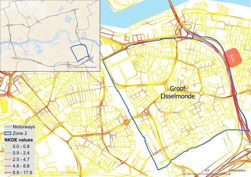 Figure 5. A zoomed-in view of NKDE results in zone 2 of the study area.