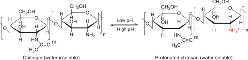 Figure 6. Structural formulae transition of CS between water-soluble form and water-insoluble form at different pHs of the aqueous solution.