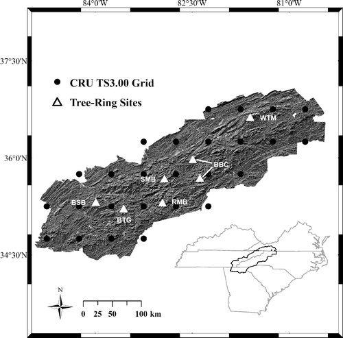 Figure 1 Southern Appalachian mountain range, high-elevation northern red oak ring-width records, and CRU TS3.00 temperature and precipitation grid points (0.5° × 0.5°). The Big Bald Craggy (BBC) chronology represents ring-width data combined from two nearby sites to lengthen and increase sample depth.