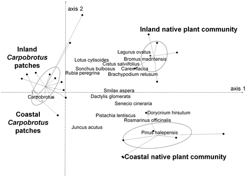 Figure 3. Non-metric multidimensional scaling analysis of plant species percentage cover (60 quadrats × 40 species). Only the most correlated species are shown. Samples are grouped according to the area.