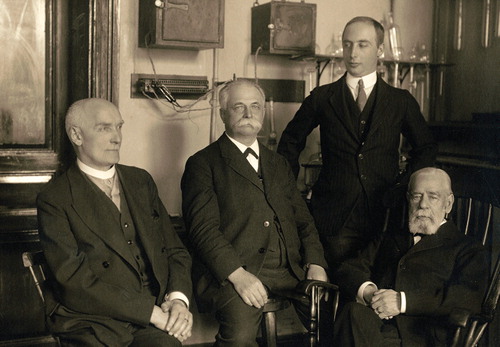 Figure 2. Four generations of professors in Medical and Physiological Chemistry. Sitting from left: Carl Thore Mörner, Sven Gustaf Hedin, Olof Hammarsten. Standing: Gunnar Blix (1930).