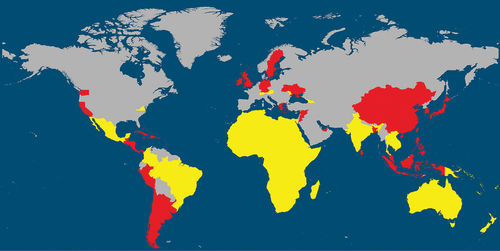 Figure 1. The map shows how the Open Data Cube (ODC) global impact has spread to more than 100 countries, exemplarily illustrating the interest in local EO data cubes. This figure includes countries within regional initiatives (e.g. Digital Earth Africa, Digital Earth Pacific) as well as individual countries that have implemented their own EO data cubes (e.g. Australia, Switzerland, Mexico). In addition, there are known EO data cube implementations within countries (e.g. USA states of Virginia and California) that reflect more localised instances. The operational instances are reflected in YELLOW and those under development or consideration are in RED. Besides the ODC implementations, also implementations based on other technologies exist (see Section 2.2). The extent of the technical implementations of the data cubes and their data availability may go beyond or are only partially within national administrative boundaries.