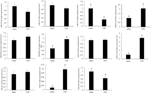 Figure 7. qRT-PCR validations of the 11 selected known miRNAs in the liver at 0 before LPS treatment and 4 h after LPS treatment. The data represent the mean SD. Different lowercase letters indicate statistically significant differences, P < .05.