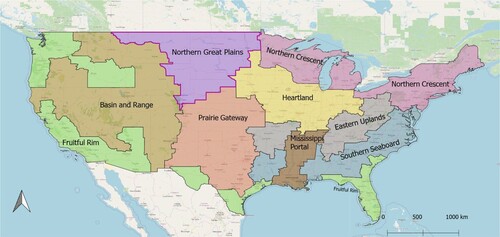 Figure 1. Study area. The nine broad agroecological zones of the Conterminous United States (CONUS) (USDA ERS Citation2000). The Northern Great Plans study area is outlined in violet.