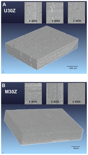 Figure 8 Three-dimensional phase-contrast synchrotron X-ray microtomography representations of U30Z (A) and M30Z (B) ceramics and their random cross-section images from x, y, and z axes. A large number of holes are distributed in the sintered body of U30Z (A), while in M30Z, no pores are visible to the naked eye from the obtained images (B), indicating that the modification of ceramic powders by the layer-by-layer technique can significantly increase the density of the sintered body.