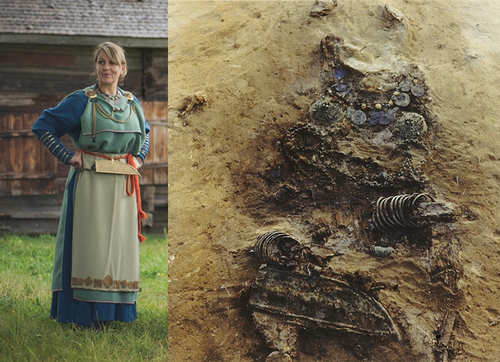 Figure 1. The dress reconstruction known as ‘Eura costume’ (on the left) is based on finds from grave 56 (on the right) at Luistari cemetery in Eura, Finland. Photos: Ulla Moilanen & Rauno Hilander.