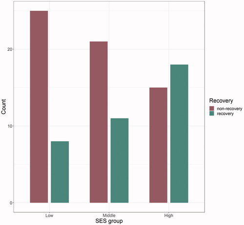 Figure 1. Distribution recovery and non-recovery within the three SES groups. SES: socioeconomic status.